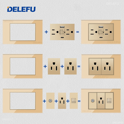 DELEFU Brasil 10A 20A Padrão Combinação Livre Ouro 118mm * 72mm DIY Switch CAT6 Computador TV Telefone Satélite Tomada de Parede