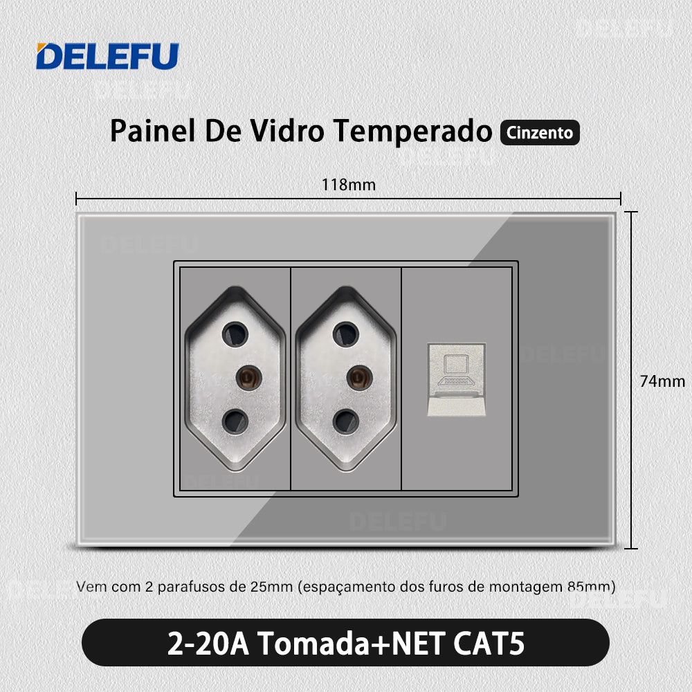 DELEFU 4*2 Vidro Temperado Cinza Brasil Soquete Padrão Duplo Usb Tipo C Parede Soquete Interruptor 10A 20A