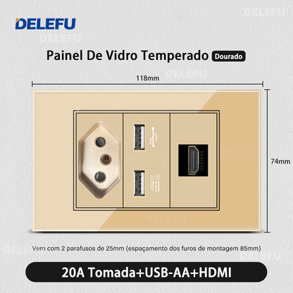 DELEFU 4*2 Ouro Temperado Vidro Brasil Soquete Padrão Duplo Usb Tipo C Parede Soquete Interruptor 10A 20A