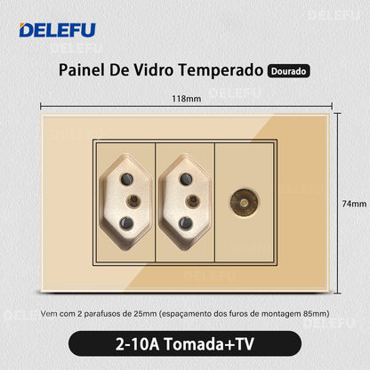 DELEFU 4*2 Ouro Temperado Vidro Brasil Soquete Padrão Duplo Usb Tipo C Parede Soquete Interruptor 10A 20A