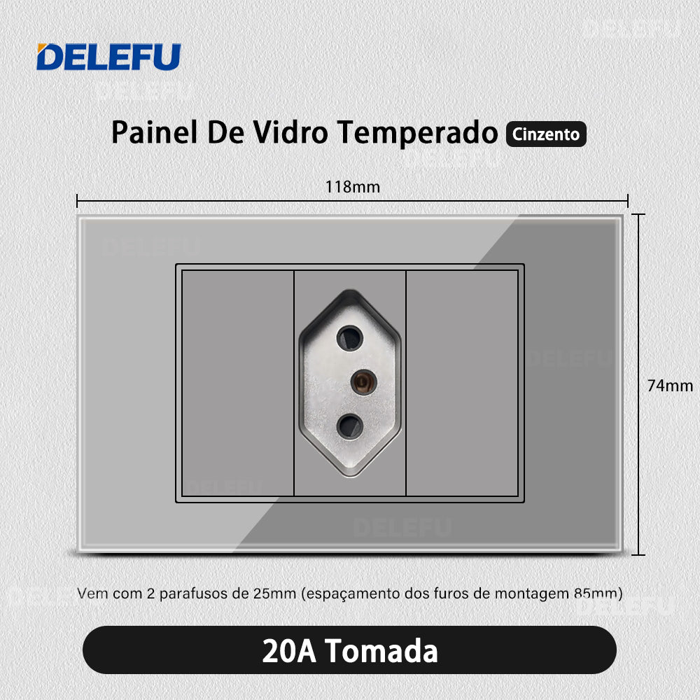 DELEFU 4*2 Vidro Temperado Cinza Brasil Soquete Padrão Duplo Usb Tipo C Parede Soquete Interruptor 10A 20A