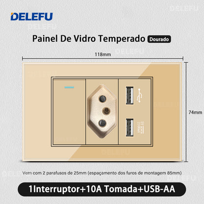 DELEFU 4*2 Ouro Temperado Vidro Brasil Soquete Padrão Duplo Usb Tipo C Parede Soquete Interruptor 10A 20A