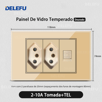 DELEFU 4*2 Ouro Temperado Vidro Brasil Soquete Padrão Duplo Usb Tipo C Parede Soquete Interruptor 10A 20A