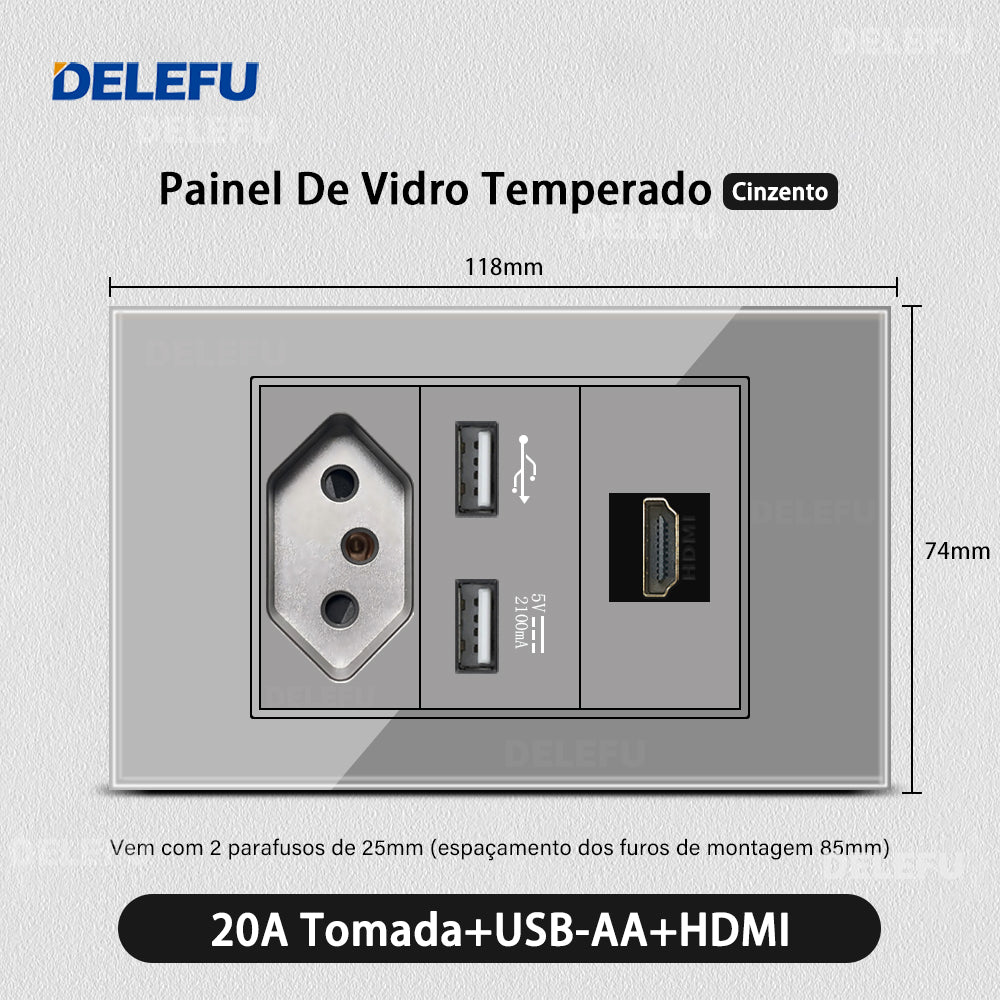 DELEFU 4*2 Vidro Temperado Cinza Brasil Soquete Padrão Duplo Usb Tipo C Parede Soquete Interruptor 10A 20A