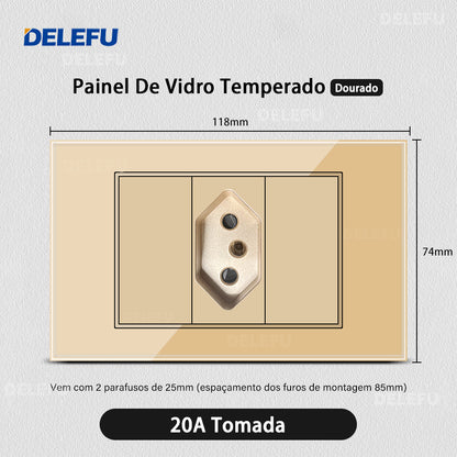 DELEFU 4*2 Ouro Temperado Vidro Brasil Soquete Padrão Duplo Usb Tipo C Parede Soquete Interruptor 10A 20A