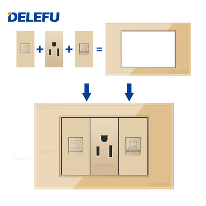 DELEFU Brasil 10A 20A Padrão Combinação Livre Ouro 118mm * 72mm DIY Switch CAT6 Computador TV Telefone Satélite Tomada de Parede