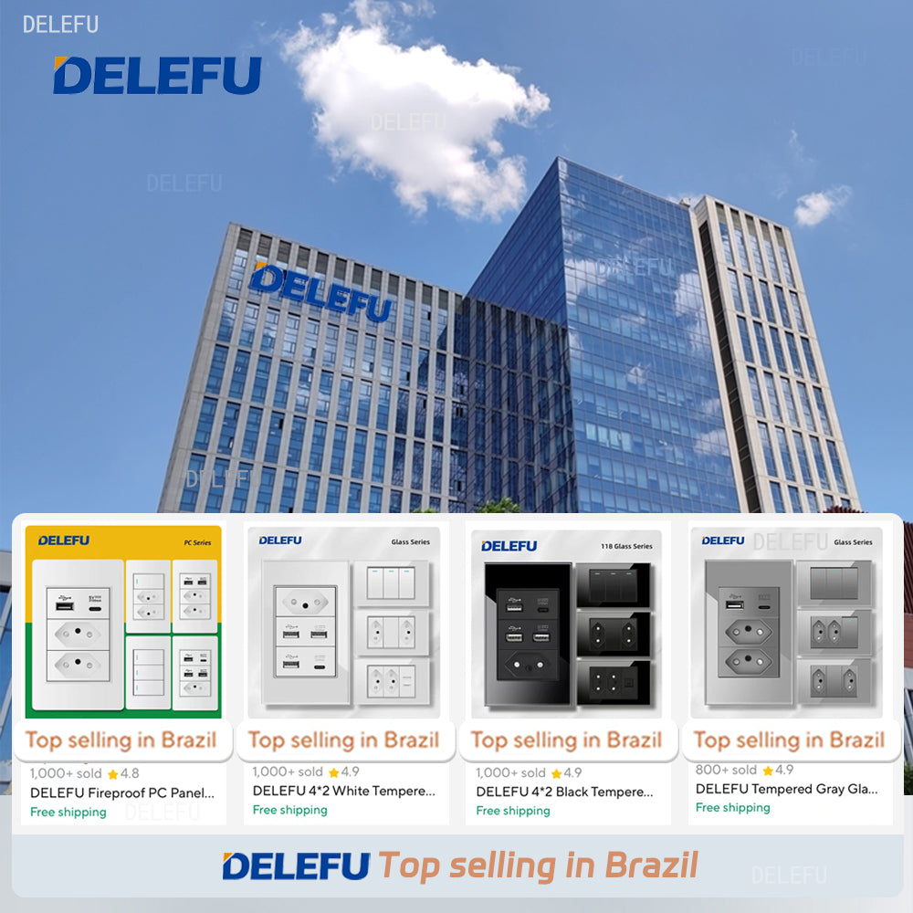 DELEFU 4*2 Ouro Temperado Vidro Brasil Soquete Padrão Duplo Usb Tipo C Parede Soquete Interruptor 10A 20A