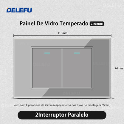 DELEFU 4*2 Vidro Temperado Cinza Brasil Soquete Padrão Duplo Usb Tipo C Parede Soquete Interruptor 10A 20A