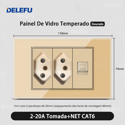 DELEFU 4*2 Ouro Temperado Vidro Brasil Soquete Padrão Duplo Usb Tipo C Parede Soquete Interruptor 10A 20A