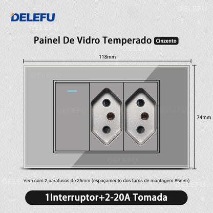 DELEFU 4*2 Vidro Temperado Cinza Brasil Soquete Padrão Duplo Usb Tipo C Parede Soquete Interruptor 10A 20A