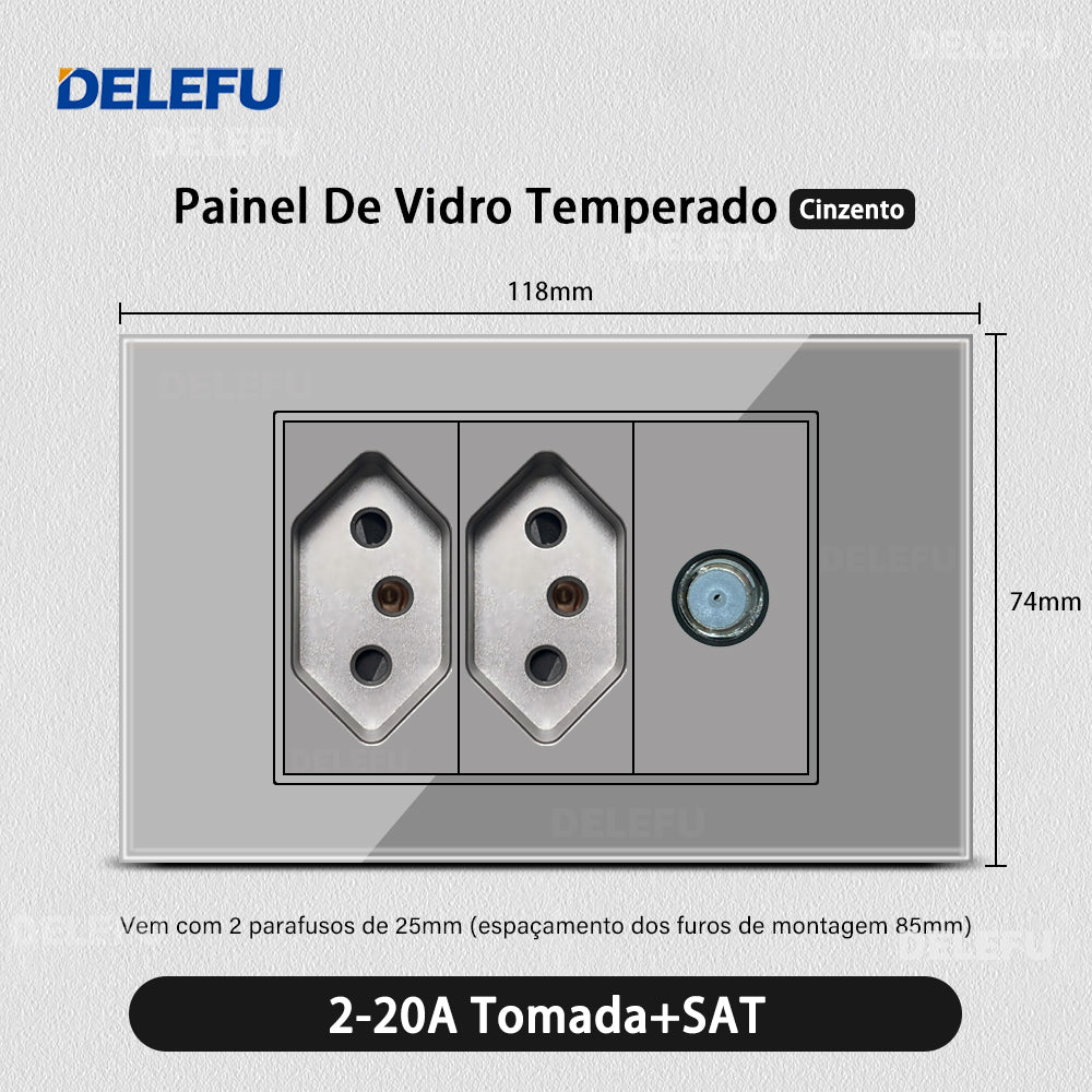 DELEFU 4*2 Vidro Temperado Cinza Brasil Soquete Padrão Duplo Usb Tipo C Parede Soquete Interruptor 10A 20A