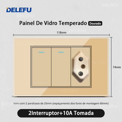 DELEFU 4*2 Ouro Temperado Vidro Brasil Soquete Padrão Duplo Usb Tipo C Parede Soquete Interruptor 10A 20A