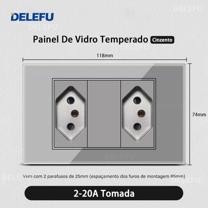 DELEFU 4*2 Vidro Temperado Cinza Brasil Soquete Padrão Duplo Usb Tipo C Parede Soquete Interruptor 10A 20A