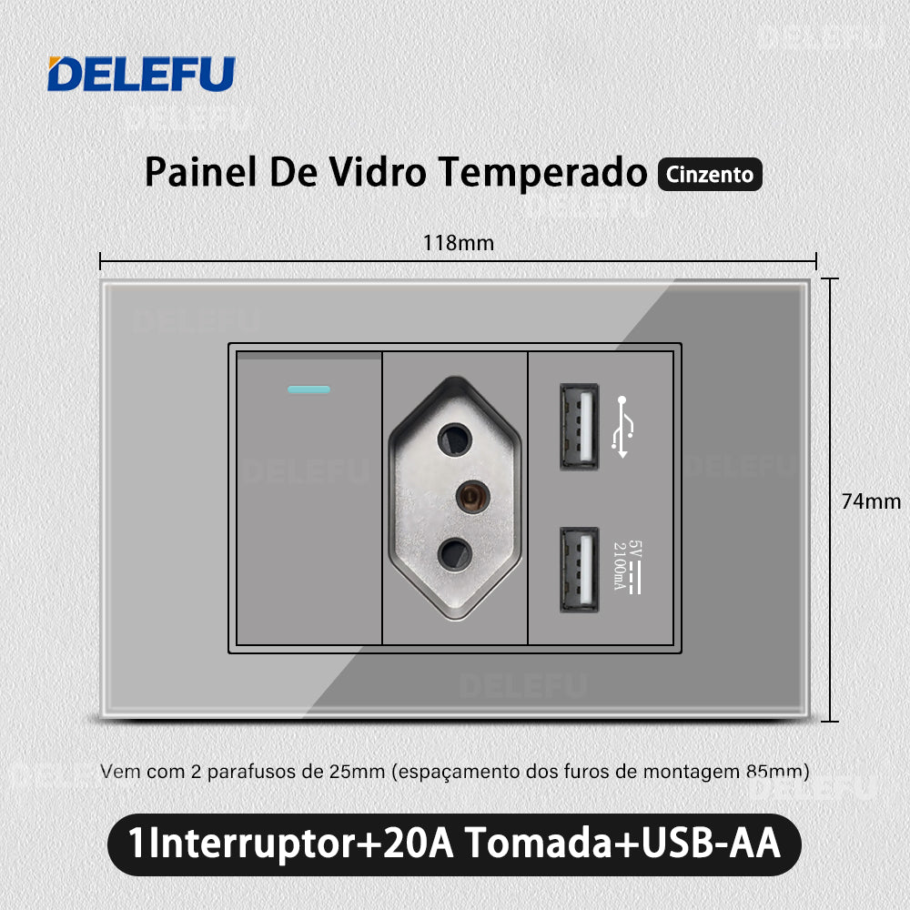 DELEFU 4*2 Vidro Temperado Cinza Brasil Soquete Padrão Duplo Usb Tipo C Parede Soquete Interruptor 10A 20A