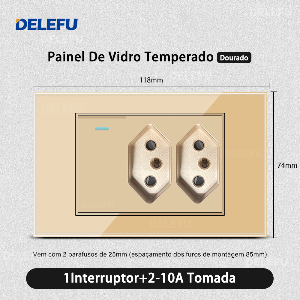 DELEFU 4*2 Ouro Temperado Vidro Brasil Soquete Padrão Duplo Usb Tipo C Parede Soquete Interruptor 10A 20A