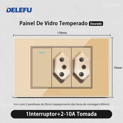 DELEFU 4*2 Ouro Temperado Vidro Brasil Soquete Padrão Duplo Usb Tipo C Parede Soquete Interruptor 10A 20A