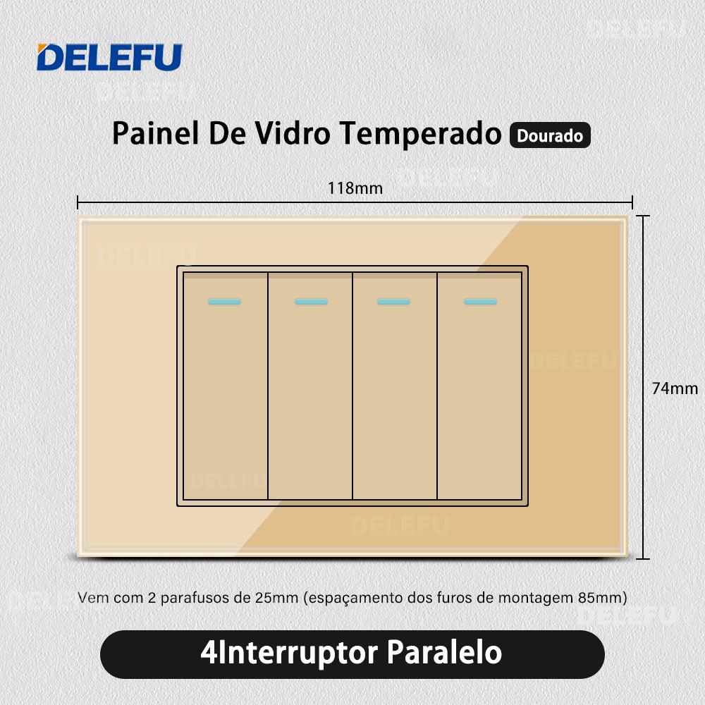 DELEFU 4*2 Ouro Temperado Vidro Brasil Soquete Padrão Duplo Usb Tipo C Parede Soquete Interruptor 10A 20A