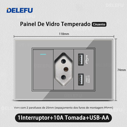 DELEFU 4*2 Vidro Temperado Cinza Brasil Soquete Padrão Duplo Usb Tipo C Parede Soquete Interruptor 10A 20A