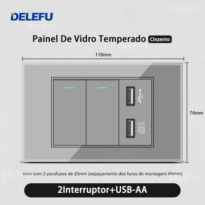 DELEFU 4*2 Vidro Temperado Cinza Brasil Soquete Padrão Duplo Usb Tipo C Parede Soquete Interruptor 10A 20A