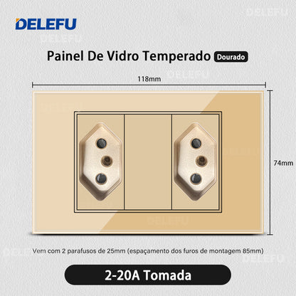 DELEFU 4*2 Ouro Temperado Vidro Brasil Soquete Padrão Duplo Usb Tipo C Parede Soquete Interruptor 10A 20A