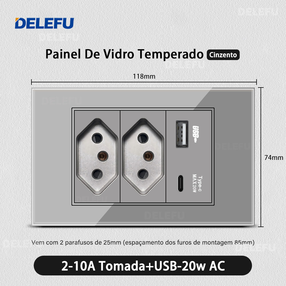 DELEFU 4*2 Vidro Temperado Cinza Brasil Soquete Padrão Duplo Usb Tipo C Parede Soquete Interruptor 10A 20A