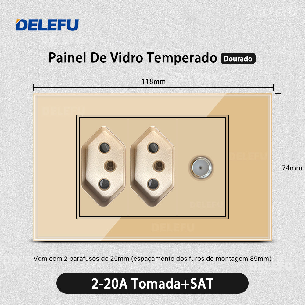 DELEFU 4*2 Ouro Temperado Vidro Brasil Soquete Padrão Duplo Usb Tipo C Parede Soquete Interruptor 10A 20A