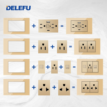 DELEFU Brasil 10A 20A Padrão Combinação Livre Ouro 118mm * 72mm DIY Switch CAT6 Computador TV Telefone Satélite Tomada de Parede