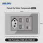 DELEFU 4*2 Vidro Temperado Cinza Brasil Soquete Padrão Duplo Usb Tipo C Parede Soquete Interruptor 10A 20A