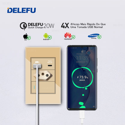 DELEFU 4*2 Ouro Temperado Vidro Brasil Soquete Padrão Duplo Usb Tipo C Parede Soquete Interruptor 10A 20A