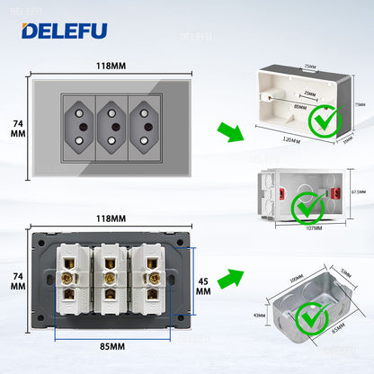 DELEFU 4*2 Vidro Temperado Cinza Brasil Soquete Padrão Duplo Usb Tipo C Parede Soquete Interruptor 10A 20A