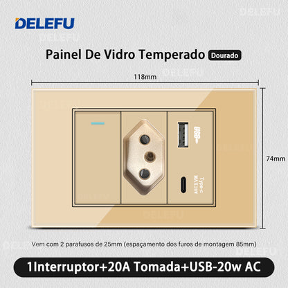 DELEFU 4*2 Ouro Temperado Vidro Brasil Soquete Padrão Duplo Usb Tipo C Parede Soquete Interruptor 10A 20A