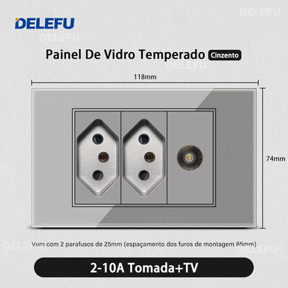 DELEFU 4*2 Vidro Temperado Cinza Brasil Soquete Padrão Duplo Usb Tipo C Parede Soquete Interruptor 10A 20A