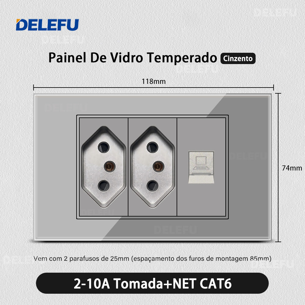 DELEFU 4*2 Vidro Temperado Cinza Brasil Soquete Padrão Duplo Usb Tipo C Parede Soquete Interruptor 10A 20A