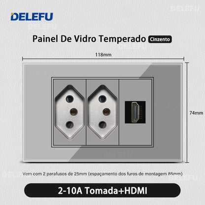 DELEFU 4*2 Vidro Temperado Cinza Brasil Soquete Padrão Duplo Usb Tipo C Parede Soquete Interruptor 10A 20A