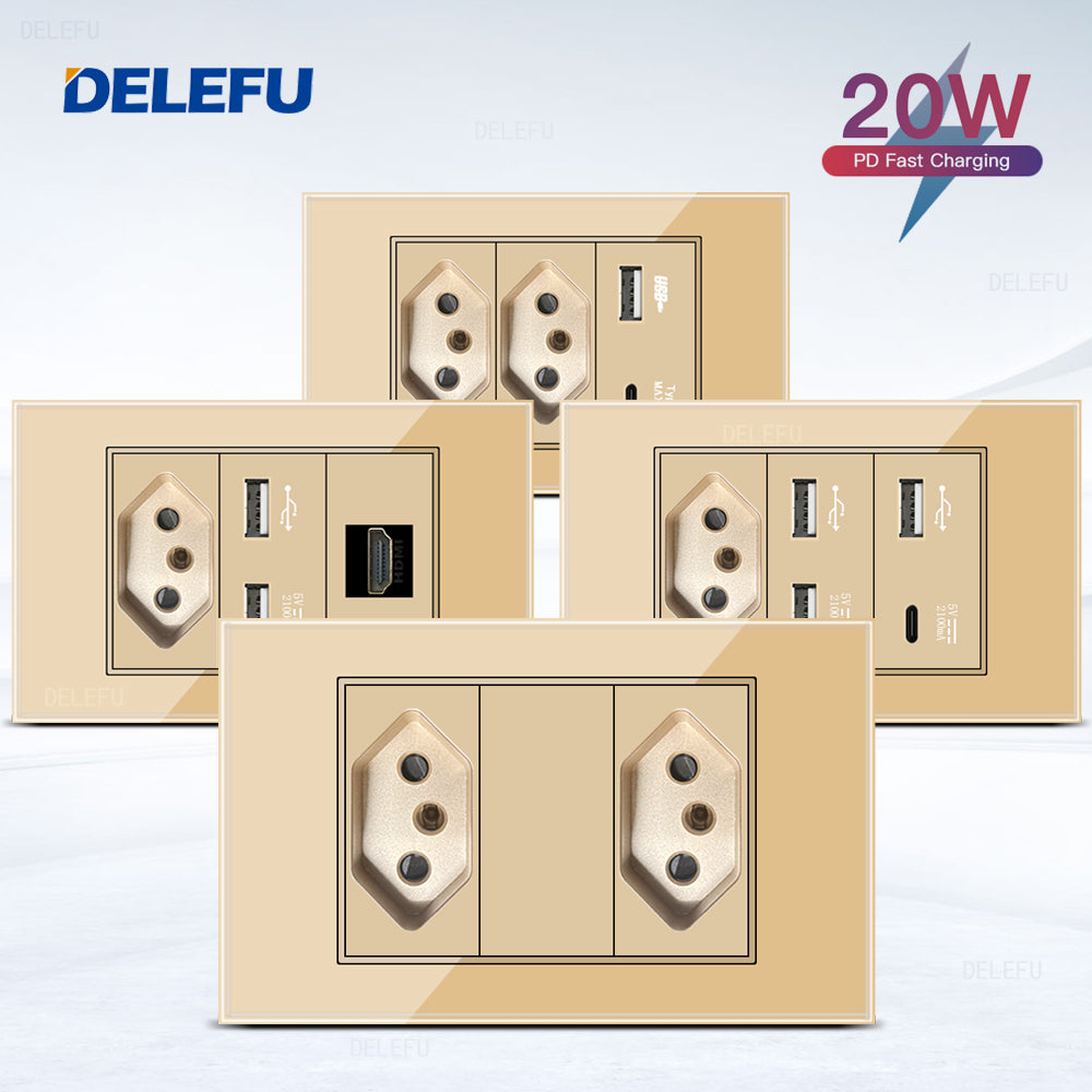 DELEFU 4*2 Ouro Temperado Vidro Brasil Soquete Padrão Duplo Usb Tipo C Parede Soquete Interruptor 10A 20A