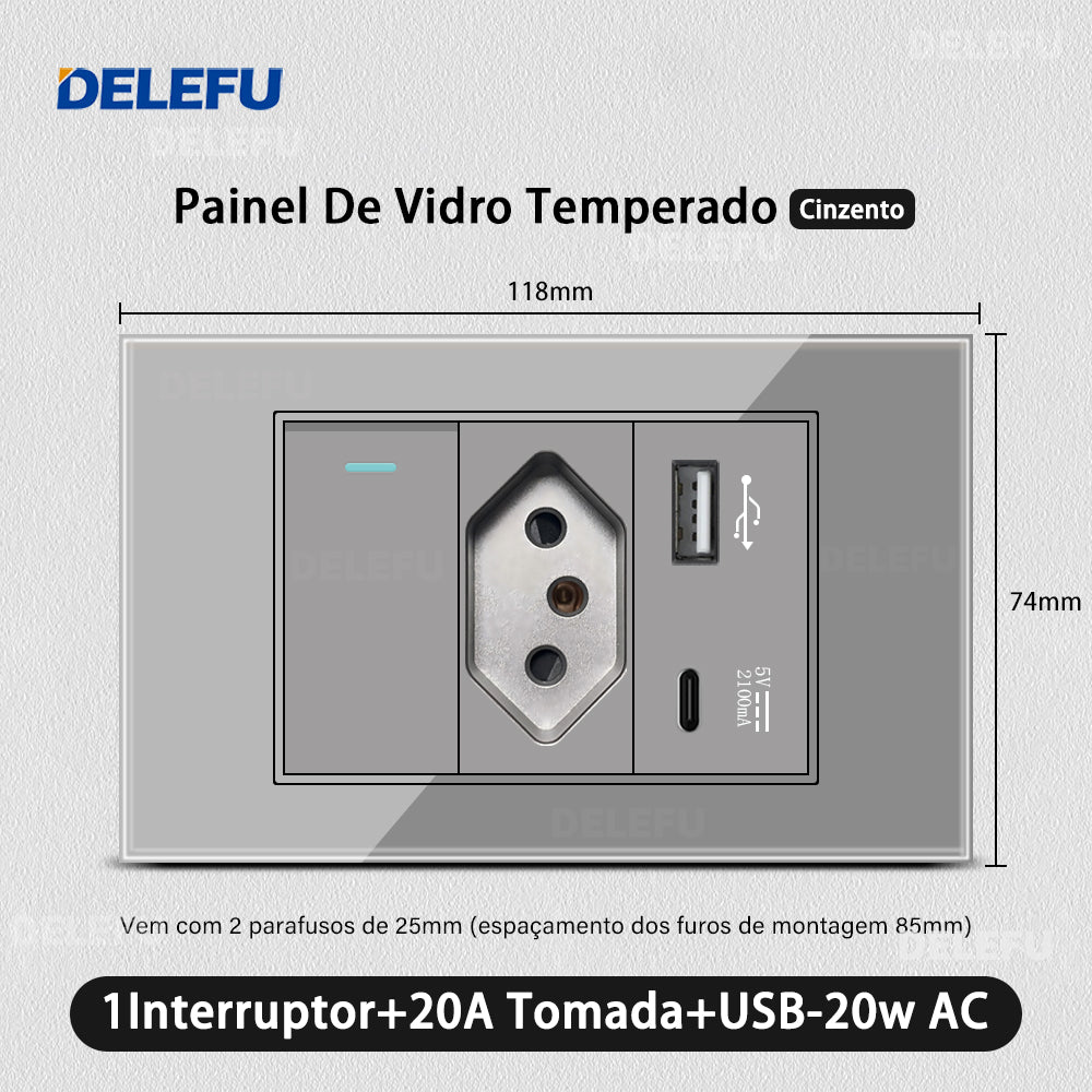 DELEFU 4*2 Vidro Temperado Cinza Brasil Soquete Padrão Duplo Usb Tipo C Parede Soquete Interruptor 10A 20A