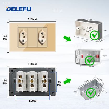 DELEFU 4*2 Ouro Temperado Vidro Brasil Soquete Padrão Duplo Usb Tipo C Parede Soquete Interruptor 10A 20A