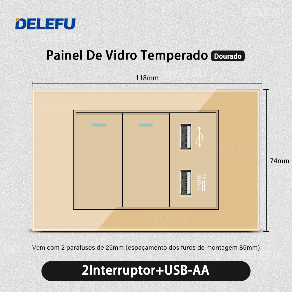 DELEFU 4*2 Ouro Temperado Vidro Brasil Soquete Padrão Duplo Usb Tipo C Parede Soquete Interruptor 10A 20A