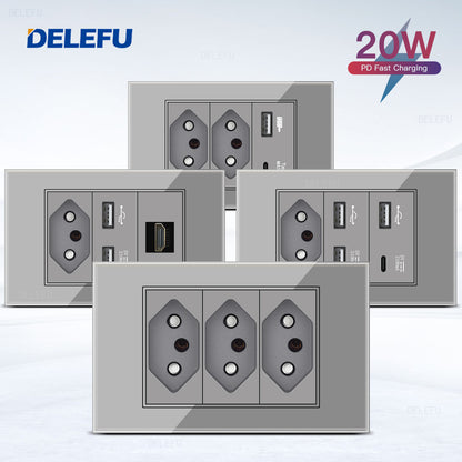 DELEFU 4*2 Vidro Temperado Cinza Brasil Soquete Padrão Duplo Usb Tipo C Parede Soquete Interruptor 10A 20A