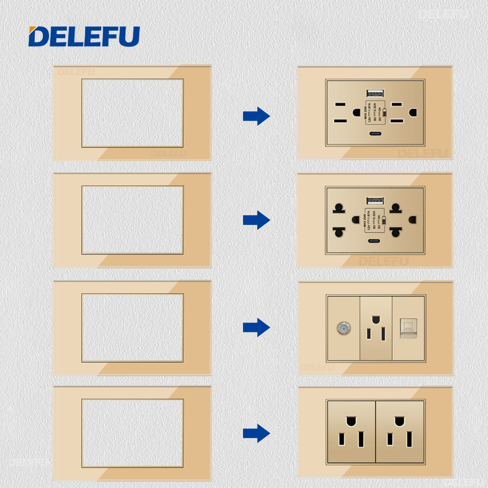 DELEFU Brasil 10A 20A Padrão Combinação Livre Ouro 118mm * 72mm DIY Switch CAT6 Computador TV Telefone Satélite Tomada de Parede