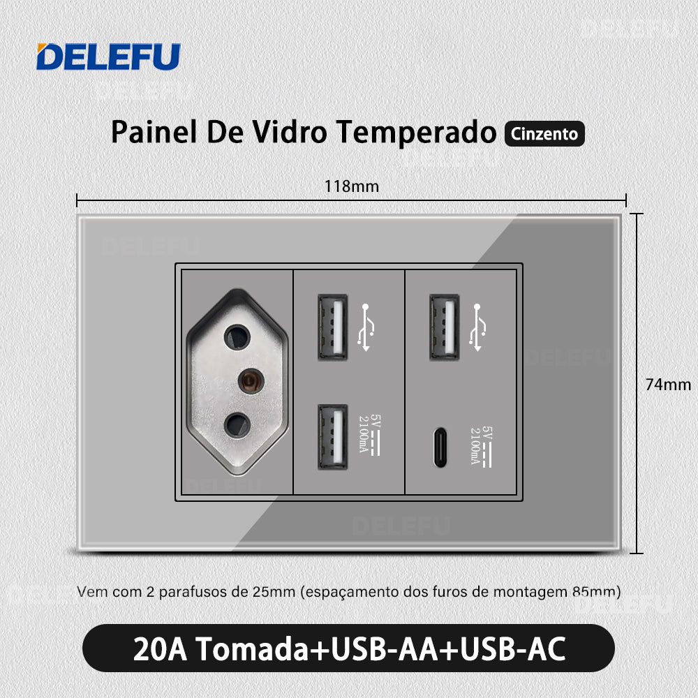 DELEFU 4*2 Vidro Temperado Cinza Brasil Soquete Padrão Duplo Usb Tipo C Parede Soquete Interruptor 10A 20A