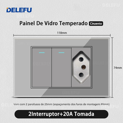 DELEFU 4*2 Vidro Temperado Cinza Brasil Soquete Padrão Duplo Usb Tipo C Parede Soquete Interruptor 10A 20A