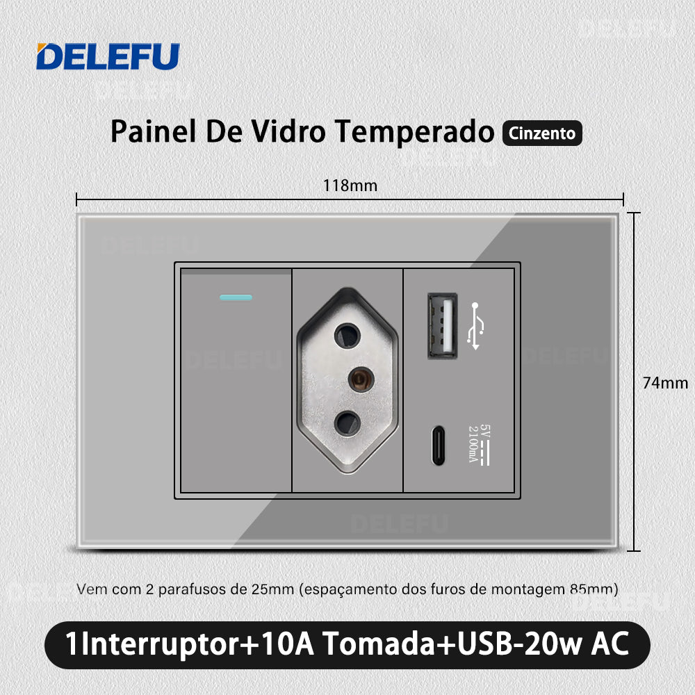 DELEFU 4*2 Vidro Temperado Cinza Brasil Soquete Padrão Duplo Usb Tipo C Parede Soquete Interruptor 10A 20A