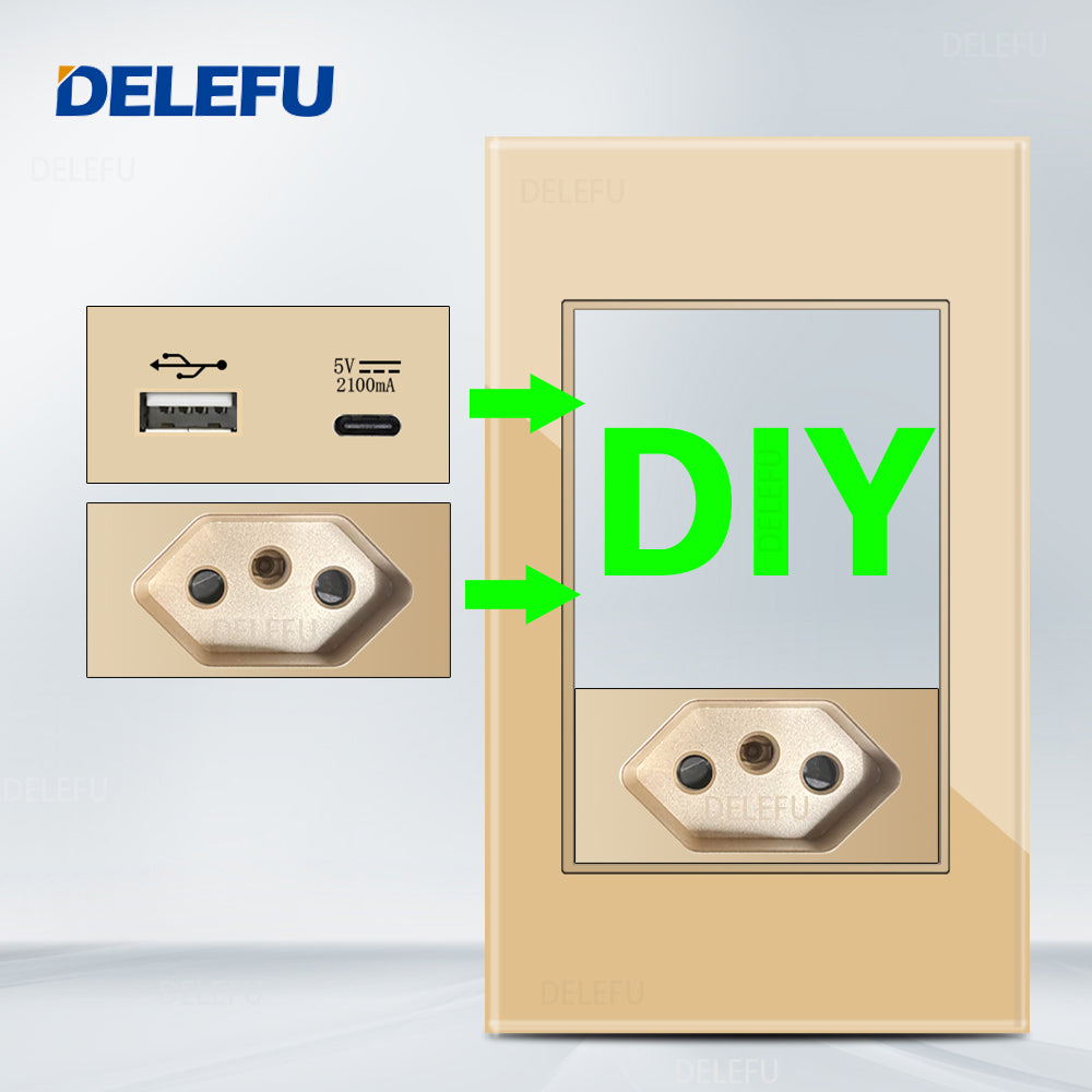 DELEFU Brasil 10A 20A Padrão Combinação Livre Ouro 118mm * 72mm DIY Switch CAT6 Computador TV Telefone Satélite Tomada de Parede