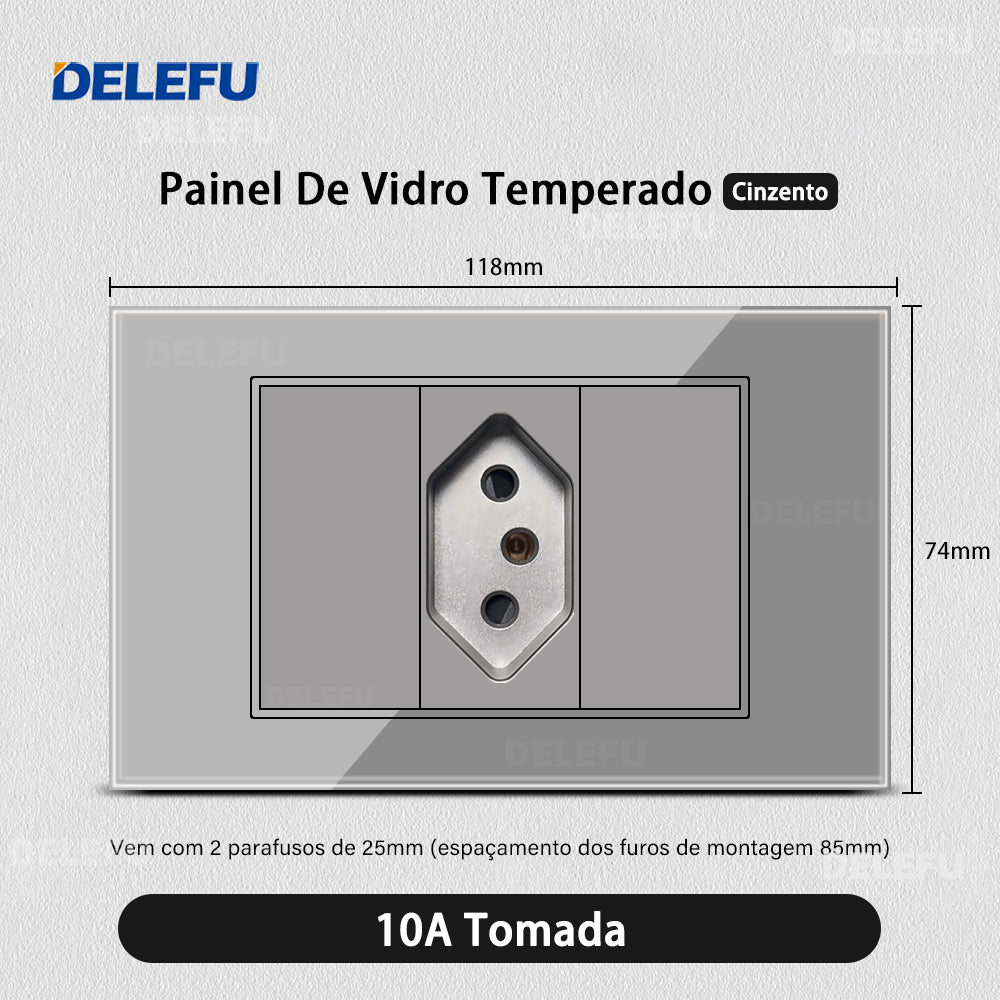 DELEFU 4*2 Vidro Temperado Cinza Brasil Soquete Padrão Duplo Usb Tipo C Parede Soquete Interruptor 10A 20A